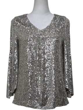 Cable & Gauge Silver Sequin V-Neck Blouse
